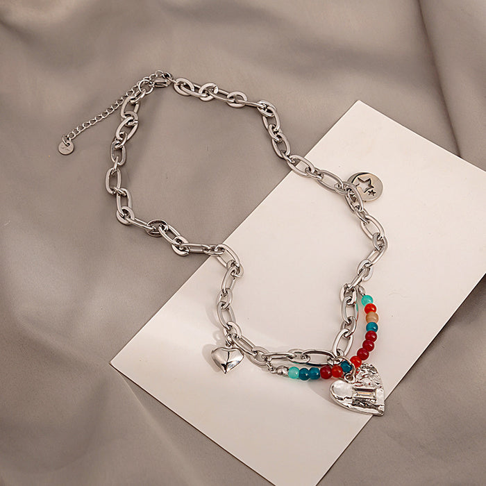 Silver Chain Heart Charm Necklace Multicolor Seed Beads