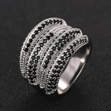 Silver Tone Multi Row Black Stone Pave Wide Finger Ring