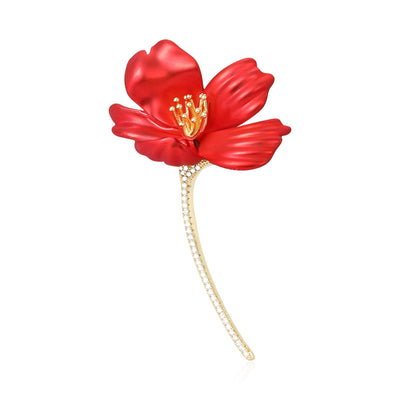 Product display showing a sculpted red flower with gold stamens and a slim crystal stem