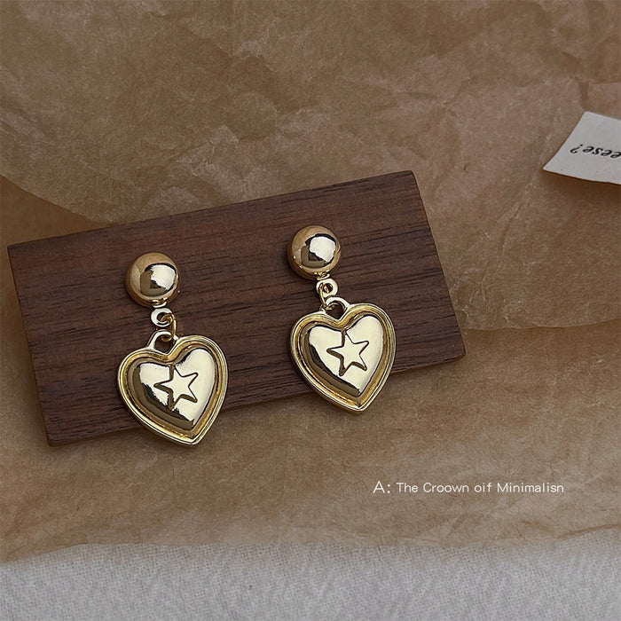 Gold Ball Stud Earrings Heart Drop Raised Star Center