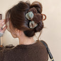 Brown Fuzzy Bow Petal Hair Claw With Blue And Brown Patterned Loops view 4