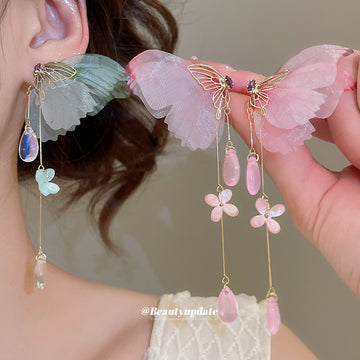 Pink And Green Butterfly Floral Tassel Stud Earrings