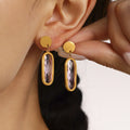 Gold Disc Stud Oval Czech Glass Drop Earrings Six Colors view 2