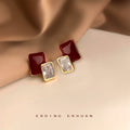 Wine Red Enamel Geometric Square Clear Zircon Stud Earrings view 1