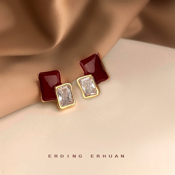Wine Red Enamel Geometric Square Clear Zircon Stud Earrings