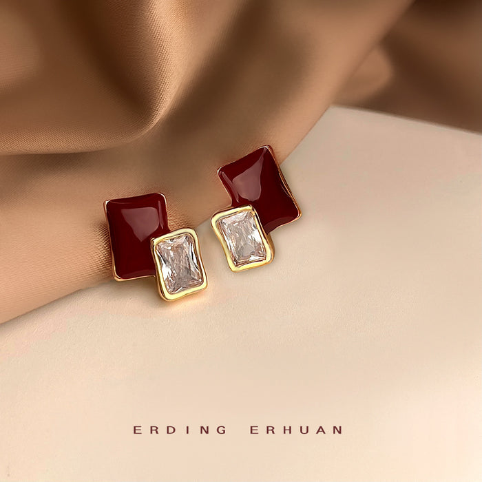 Wine Red Enamel Geometric Square Clear Zircon Stud Earrings