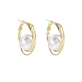 Gold Swirl Hoop and White Pearl Look Ball Earrings view 5