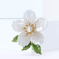 Translucent Five Petal Flower Brooch With Pearl and Green Leaves view 2