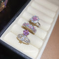 Silver Pink Zircon Open Rings Flower Halo Dual Stone view 1