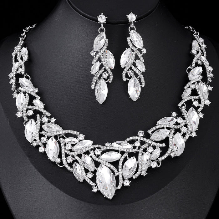 Black Silver Tone Crystal Leaf Collar Crystal Five Designs Metal Necklace and Earring Set