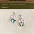 Silver Tone Drop Earrings Pink Green Enamel Floral Plaques view 3