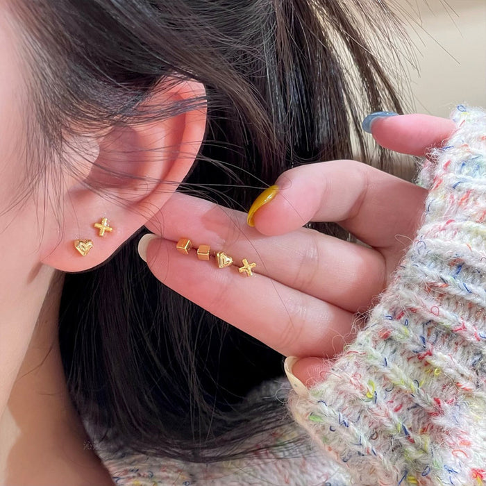 Gold Heart Cube Cross Mini Stud Earrings Six Piece Set