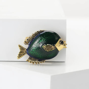Green Enamel Tropical Fish Brooch With Gold Tone Fins