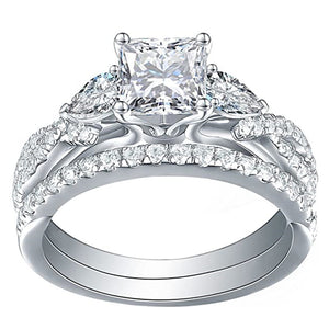 Silver Tone Princess Cut Clear Stone Bridal Ring Set Sizes 6-10