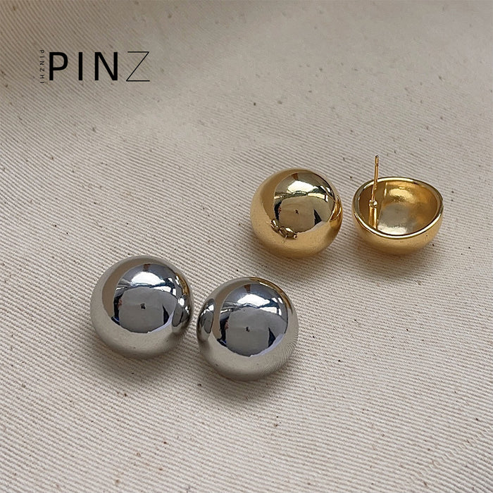Large Polished Dome Ball Stud Earrings Gold Silver