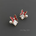 Gold Red Enamel Butterfly Triangle Stone Studs Pair view 6