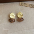 Gold Hammered Disc Stud Earrings Brown Oval Stone Drops view 4