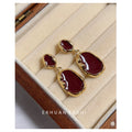 Wine Red Enamel Irregular Drop Earrings Gold Tone Pair view 2