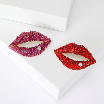 Crystal Pave Lips Brooch Open Mouth Red and Magenta
