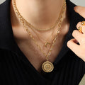 Gold Triple Layer Necklace Moon And Lion Coin Pendant view 3