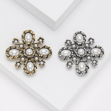 Vintage Pearl Cross Flower Brooch in Gold or Silver Tone