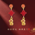 Red Coin Chinese Knot Gold Fa Cai Cube Drop Earrings Pair view 3