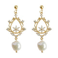 Gold Tone Floral Branch Medallion Irregular Pearl Drop Earrings view 5