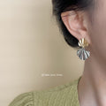 Two Tone Gold Silver Ribbed Shell Drop Stud Earrings view 1
