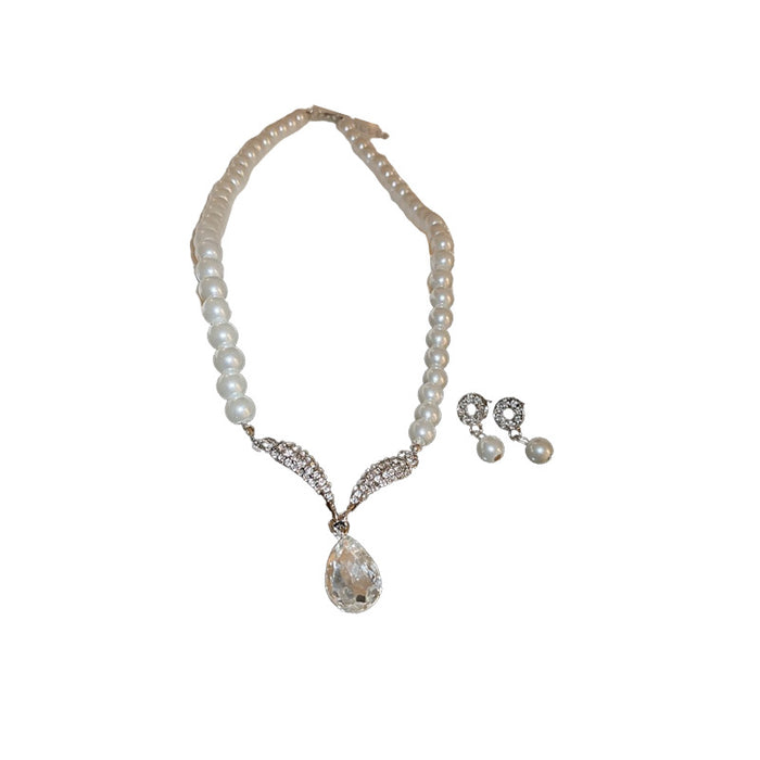Pearl Crystal Necklace and Drop Earring Jewelry Set