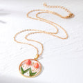 Gold Tone Round Raised Tulip Pressed Flower Resin Necklaces view 2