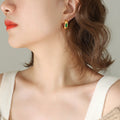Gold C-Shape Hoop Earrings With Marquise Green Zircon view 1