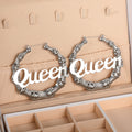 Queen Script Bamboo Hoop Earrings In Two Metal Tones view 3