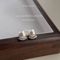White Pearl Stud Earrings Silver Crescent Pavé CZ Base view 3