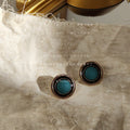 Antique Gold Teal Round Stud Earrings Beaded Black Border view 3