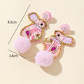 Pink Seed Bead Bunny Rabbit Earrings With Fluffy Pom Pom Tail view 5