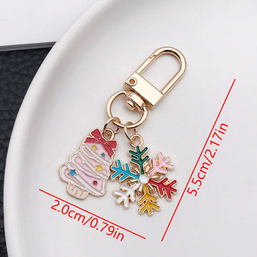 Pink Christmas Tree and Multicolor Snowflake Enamel Keychain