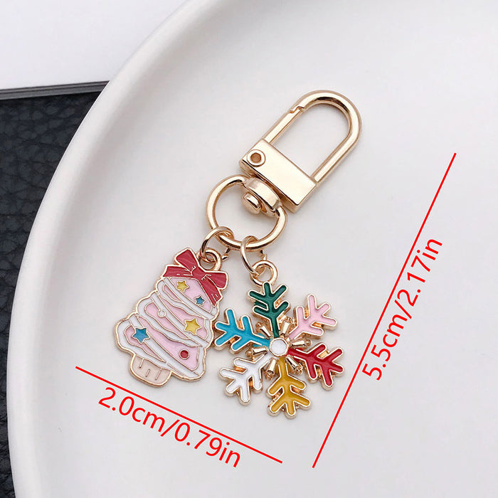 Pink Christmas Tree and Multicolor Snowflake Enamel Keychain