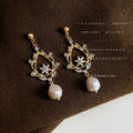 Gold Tone Floral Branch Medallion Irregular Pearl Drop Earrings view 4