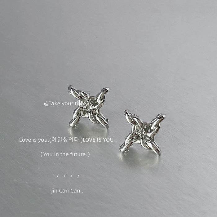 Silver Twisted Rope Knot Geometric Star Stud Earrings Pair