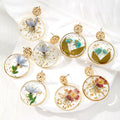Gold Tone Round Pressed Flower Resin Drop Stud Earrings view 1