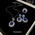 Silver Blue Oval Halo Necklace Earrings And Ring Set view 4