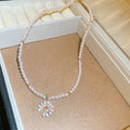 Pearl Strand Crystal Flower Pendant Necklace In Two Colors view 7