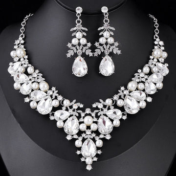 Black Silver Tone Pearl Crystal Scroll Pearl Look Four Designs Metal Necklace and Earring