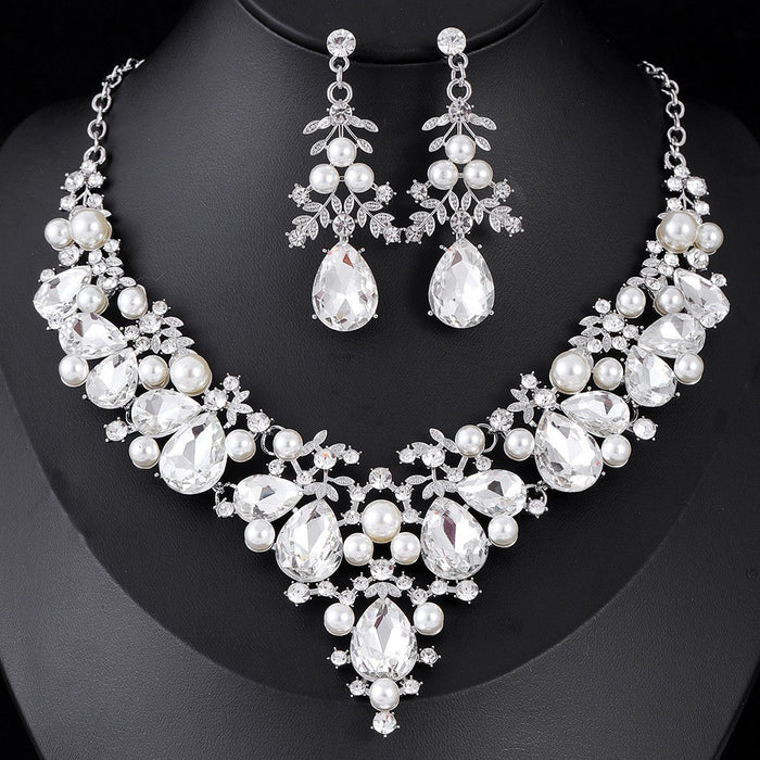 Black Silver Tone Pearl Crystal Scroll Pearl Look Four Designs Metal Necklace and Earring