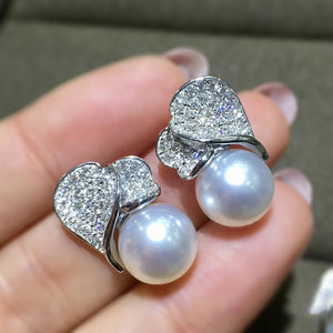 Silver-Tone Crystal Leaf Stud Earrings with a Pearl Drop, Brass