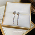 Gold Pearl Crystal Bar Chain Drop Earrings Polished Metal Jewelry view 4