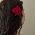 Red Fabric Rose Alligator Hair Clip With Green Leaf Accents view 3
