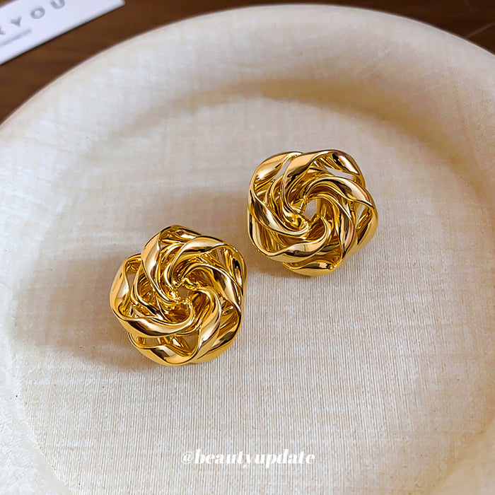 Gold Tone Woven Rose Knot Textured Statement Stud Earrings