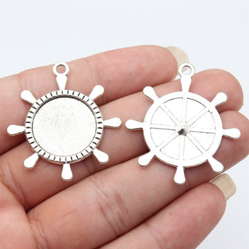 Ship Wheel Round Cabochon Tray In Antique Silver And Antique Bronze For Jewelry Making