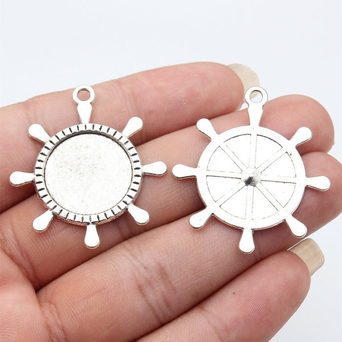 Ship Wheel Round Cabochon Tray In Antique Silver And Antique Bronze For Jewelry Making